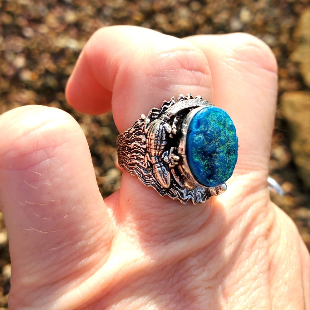 New Unique Blue Titanium Druzy Lizard Silver Ring.